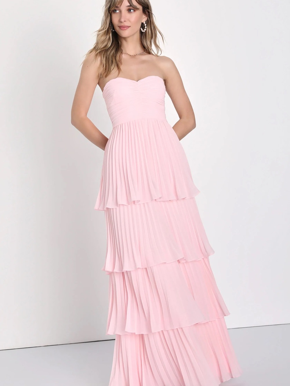 Sweetheart Strapless Tiered Maxi Dress in Light Pink